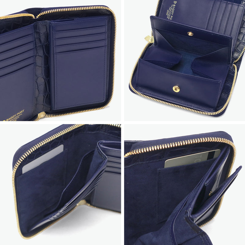 バギーポート 二つ折り財布 メンズ レディース BAGGY PORT ブランド 大人 おしゃれ 財布 ラウンドジップ 小銭入れあり 藍染め 本革 ワニ革 クロコ 本藍染め×クロコダイル ラウンドファスナーハーフ財布 ZWL-8001