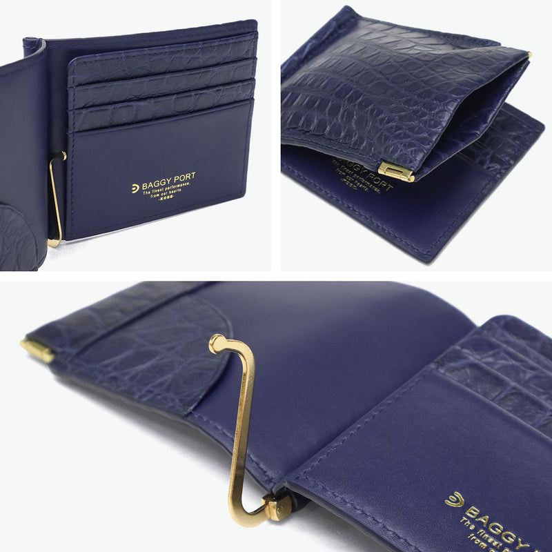 バギーポート マネークリップ メンズ レディース 札ばさみ BAGGY PORT ブランド 大人 おしゃれ ミニ 財布 コンパクト 二つ折り スリム 小銭入れあり 藍染め 本革 ワニ革 クロコ 本藍染め×クロコダイル ZWL-8002