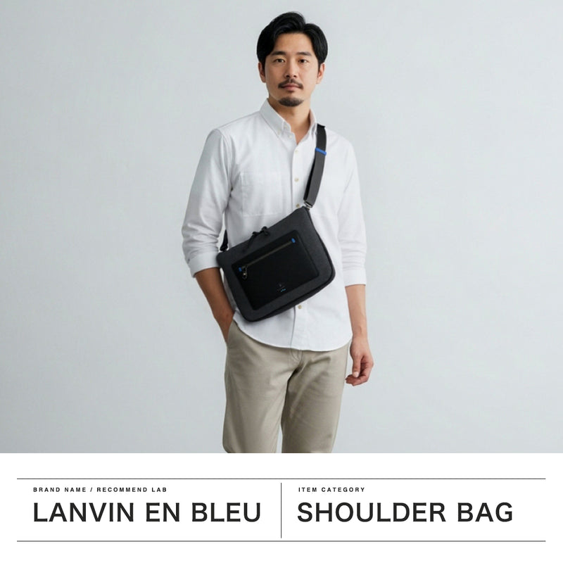 LANVIN on蓝色挎包男士品牌LANVIN en Bleu斜挎帅气成人轻量小真皮皮革包聚酯尼龙斜挎包A5防水 日本制造男性拉纳557102