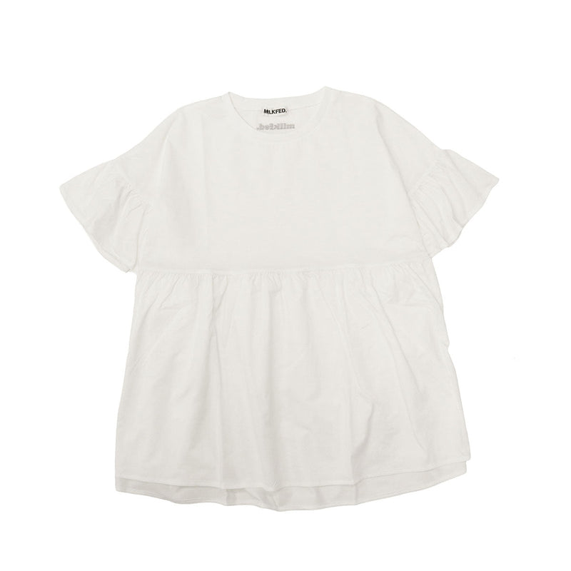 ミルクフェド チュニック 半袖 大人可愛い Tシャツ MILKFED. レディース 夏 長め フリル 水陸両用 ペプラム ゆったり ロゴ刺繍 UV加工 吸汗速乾 コラボ MILKFED. x OP RUFFLE TUNIC 103252013006