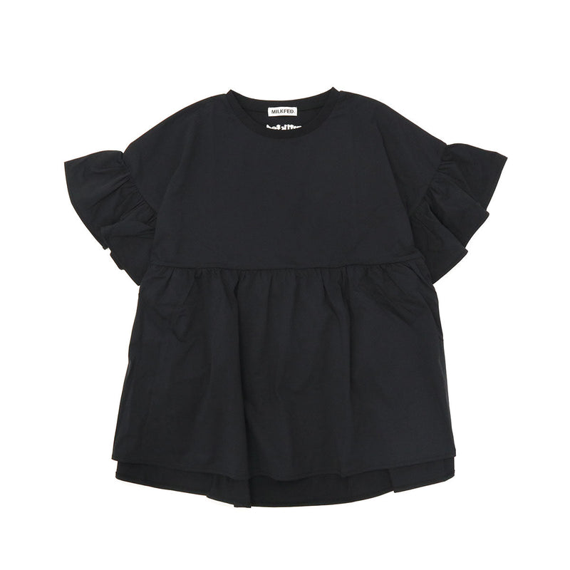 ミルクフェド チュニック 半袖 大人可愛い Tシャツ MILKFED. レディース 夏 長め フリル 水陸両用 ペプラム ゆったり ロゴ刺繍 UV加工 吸汗速乾 コラボ MILKFED. x OP RUFFLE TUNIC 103252013006