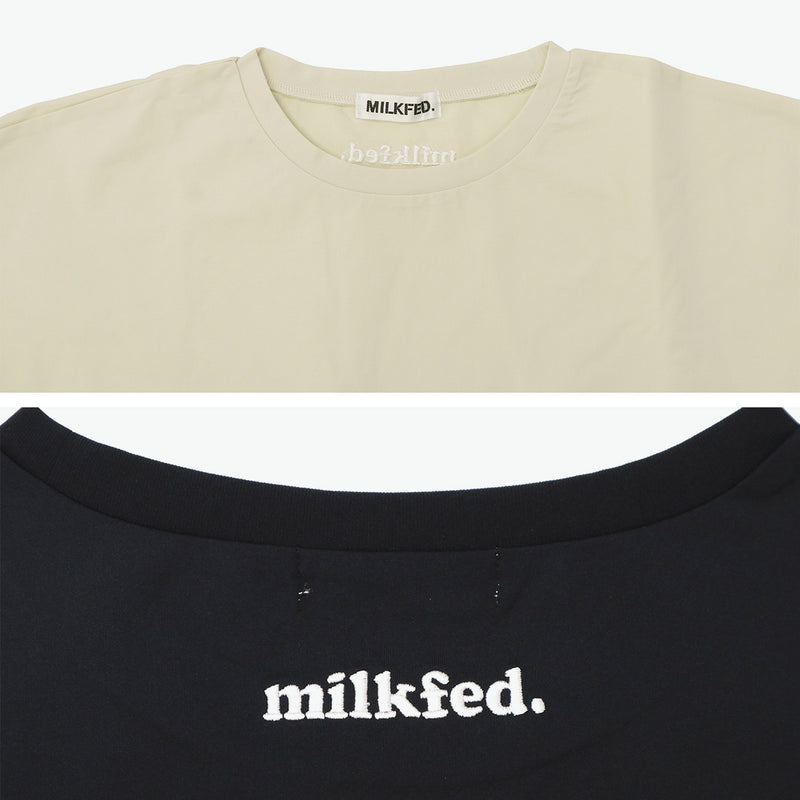 ミルクフェド チュニック 半袖 大人可愛い Tシャツ MILKFED. レディース 夏 長め フリル 水陸両用 ペプラム ゆったり ロゴ刺繍 UV加工 吸汗速乾 コラボ MILKFED. x OP RUFFLE TUNIC 103252013006