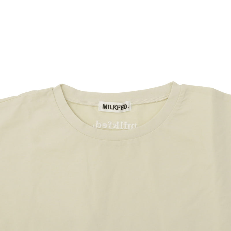 ミルクフェド チュニック 半袖 大人可愛い Tシャツ MILKFED. レディース 夏 長め フリル 水陸両用 ペプラム ゆったり ロゴ刺繍 UV加工 吸汗速乾 コラボ MILKFED. x OP RUFFLE TUNIC 103252013006