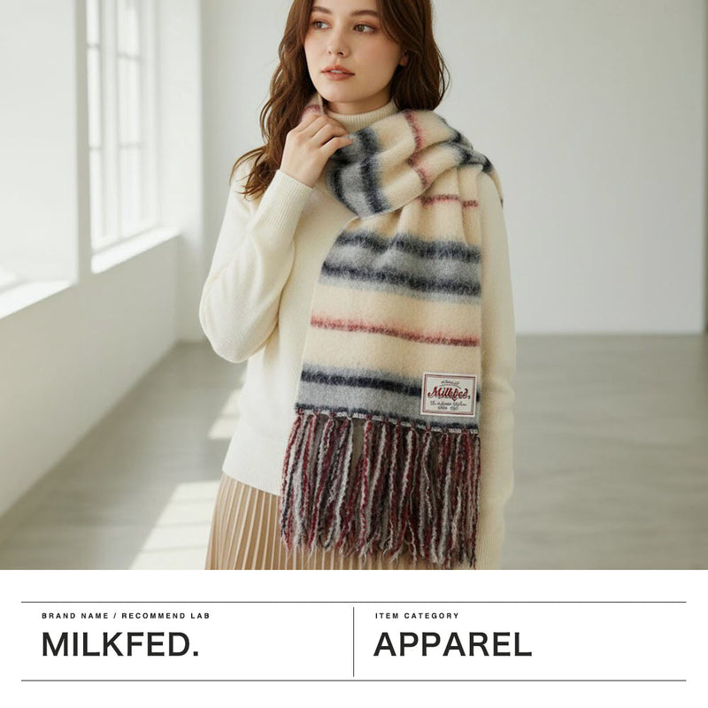 ミルクフェド マフラー レディース MILKFED. ブランド 大判 大きめ ボーダー ストライプ フリンジ カジュアル かわいい おしゃれ ふわふわ 防寒 起毛 軽い 女性 STRIPED FRINGE STOLE 103254054002
