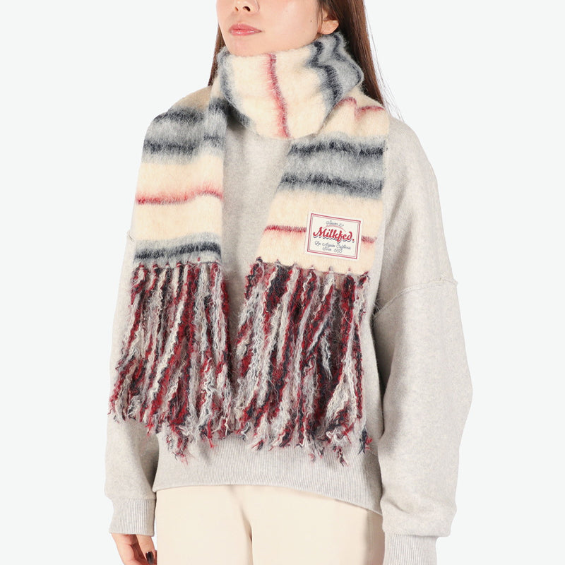 ミルクフェド マフラー レディース MILKFED. ブランド 大判 大きめ ボーダー ストライプ フリンジ カジュアル かわいい おしゃれ ふわふわ 防寒 起毛 軽い 女性 STRIPED FRINGE STOLE 103254054002