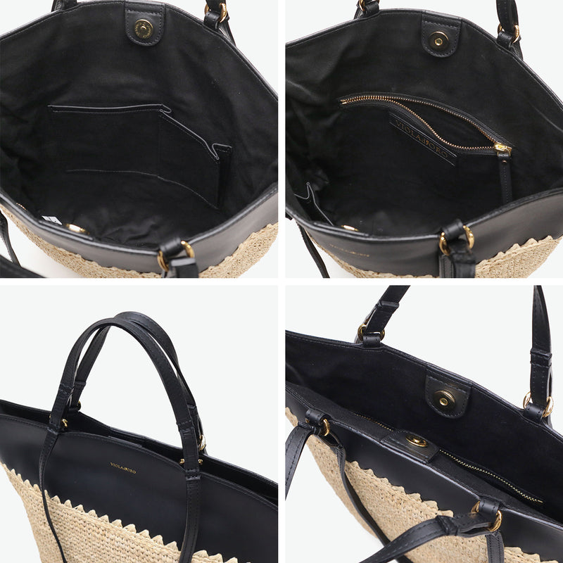 【正規品】 ヴィオラドーロ トートバッグ レディース VIOLAd'ORO ブランド 女性 おしゃれ ナチュラル トート バッグ 手持ち 肩がけ 軽量 A4 縦 本革 レザー かごバッグ SANDRO ラフィア レザーコンビトート V-8841