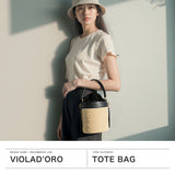 [Genuine] Vioad'Oro 바스켓 가방 여성 Vioad'Oro 토트 백 핸드백 경량 소형 브랜드 여성 세련된 진정한 가죽 버킷 타입 내부 천 Miro Abaca 가죽 조합 버킷 가방 V-8891