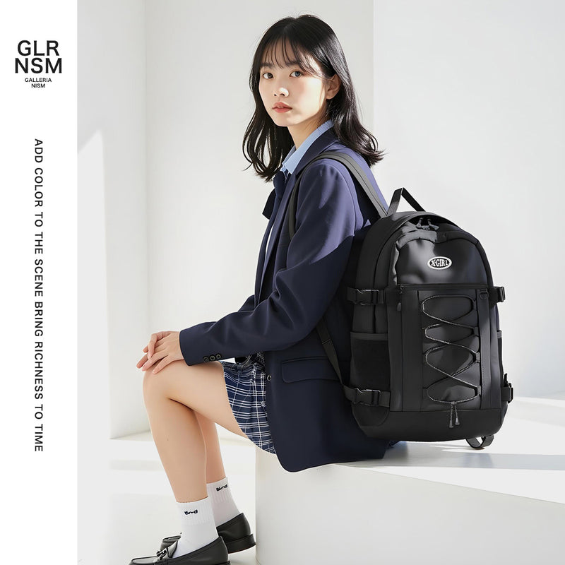 X-girl backpack 여자 배낭 대용량 학교 통근 여행 X-girl bag 경량 경량 세련된 PC 저장 16 인치 A4 B4 30L 타원형 로고 번지 코드 백팩 105251053006