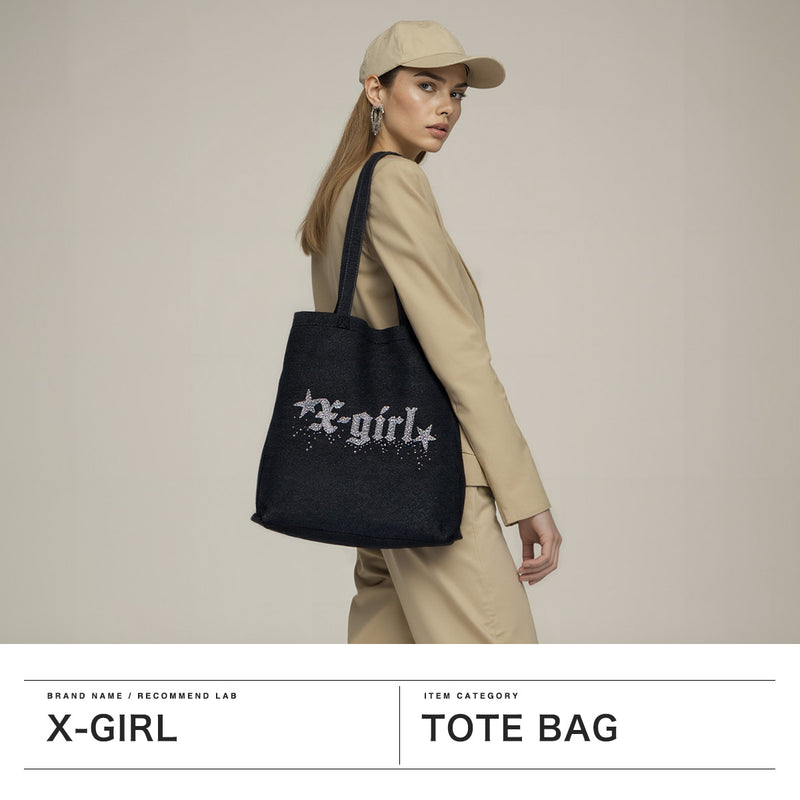 エックスガール トートバッグ レディース A4 B4 大きめ X-girl バッグ 軽量 軽い 布 ブランド 縦 縦型 通学 デニム デニム生地 ラインストーン トート おしゃれ RHINESTONE STARDUST LOGO TOTE BAG 105252053001