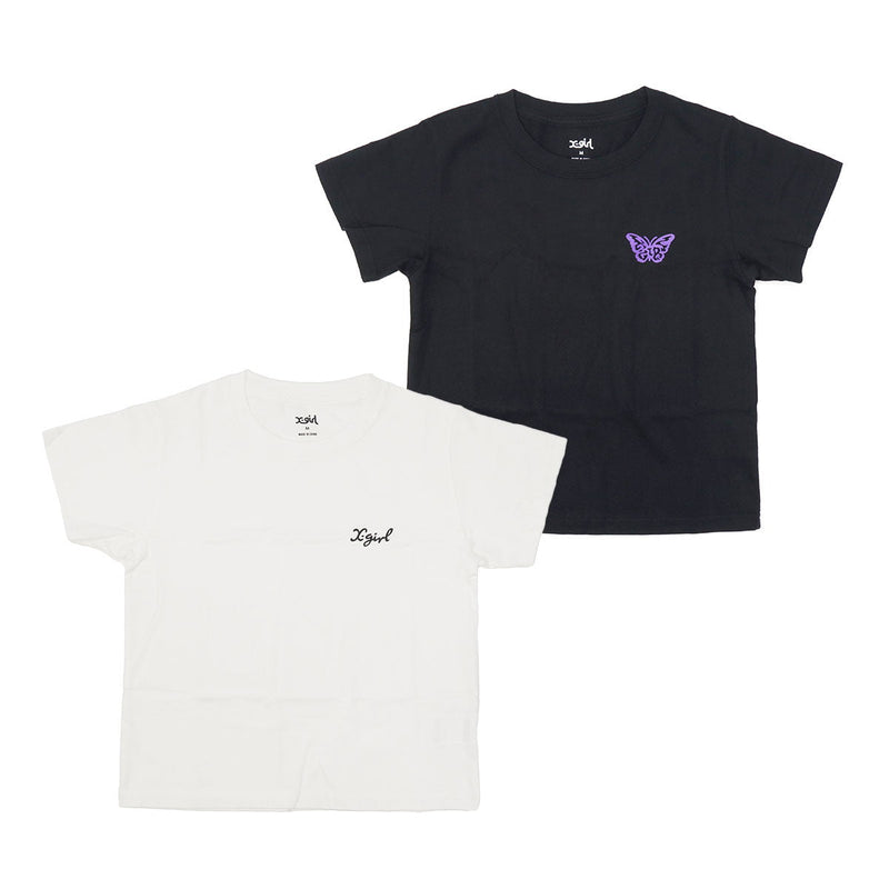エックスガール Tシャツ レディース X-girl 半袖 綿100% 無地 ロゴ ブランド おしゃれ かわいい カジュアル クルーネック 2枚セット 白 黒 コンパクト トップス カットソー LOGO AND BUTTERFLY 2P S/S BABY TEE 105252011032