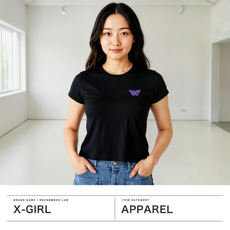 エックスガール Tシャツ レディース X-girl 半袖 綿100% 無地 ロゴ ブランド おしゃれ かわいい カジュアル クルーネック 2枚セット 白 黒 コンパクト トップス カットソー LOGO AND BUTTERFLY 2P S/S BABY TEE 105252011032