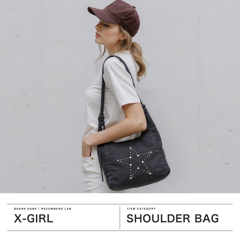 【セール30％OFF】 エックスガール ショルダーバッグ レディース A4 X-girl バッグ 小さめ 斜めがけ 軽量 大人 女子 ワンハンドル Y2K デニム おしゃれ 黒 星 ブラック ストリート STUDDED DENIM SHOULDER BAG 105252053013