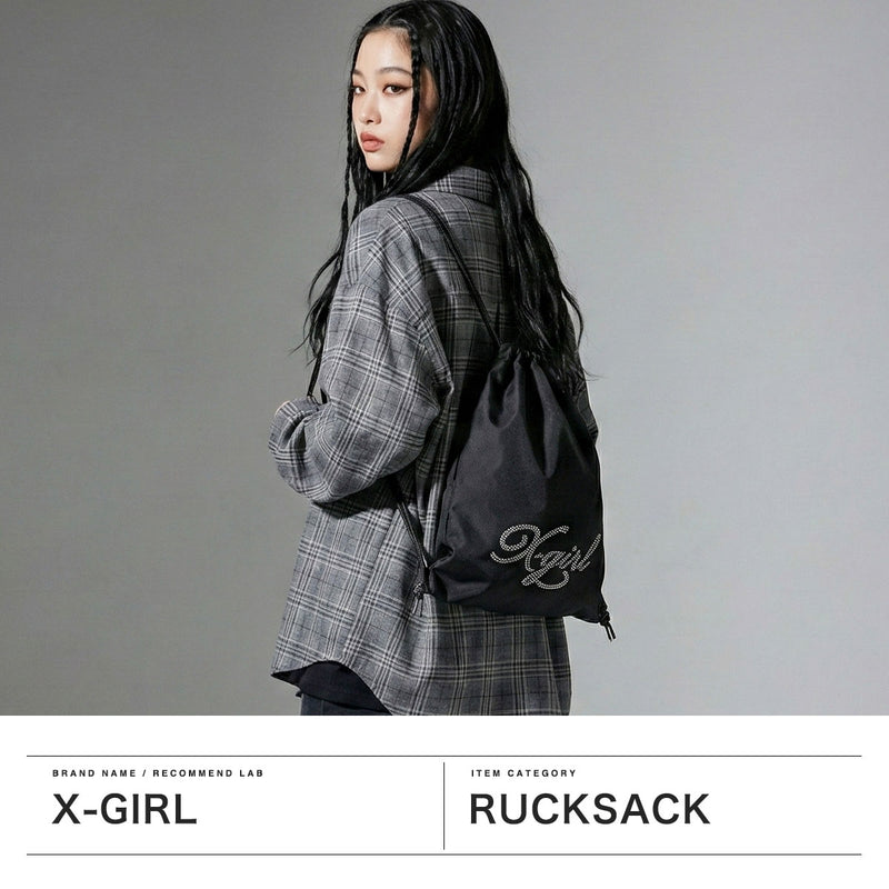 エックスガール ナップサック レディース おしゃれ リュック X-girl かわいい 軽量 ブランド ストリート バッグ 巾着 高校生 女子 大人 ラインストーン ロゴ ブラック A4 RHINESTONE KNAPSACK 105254053008